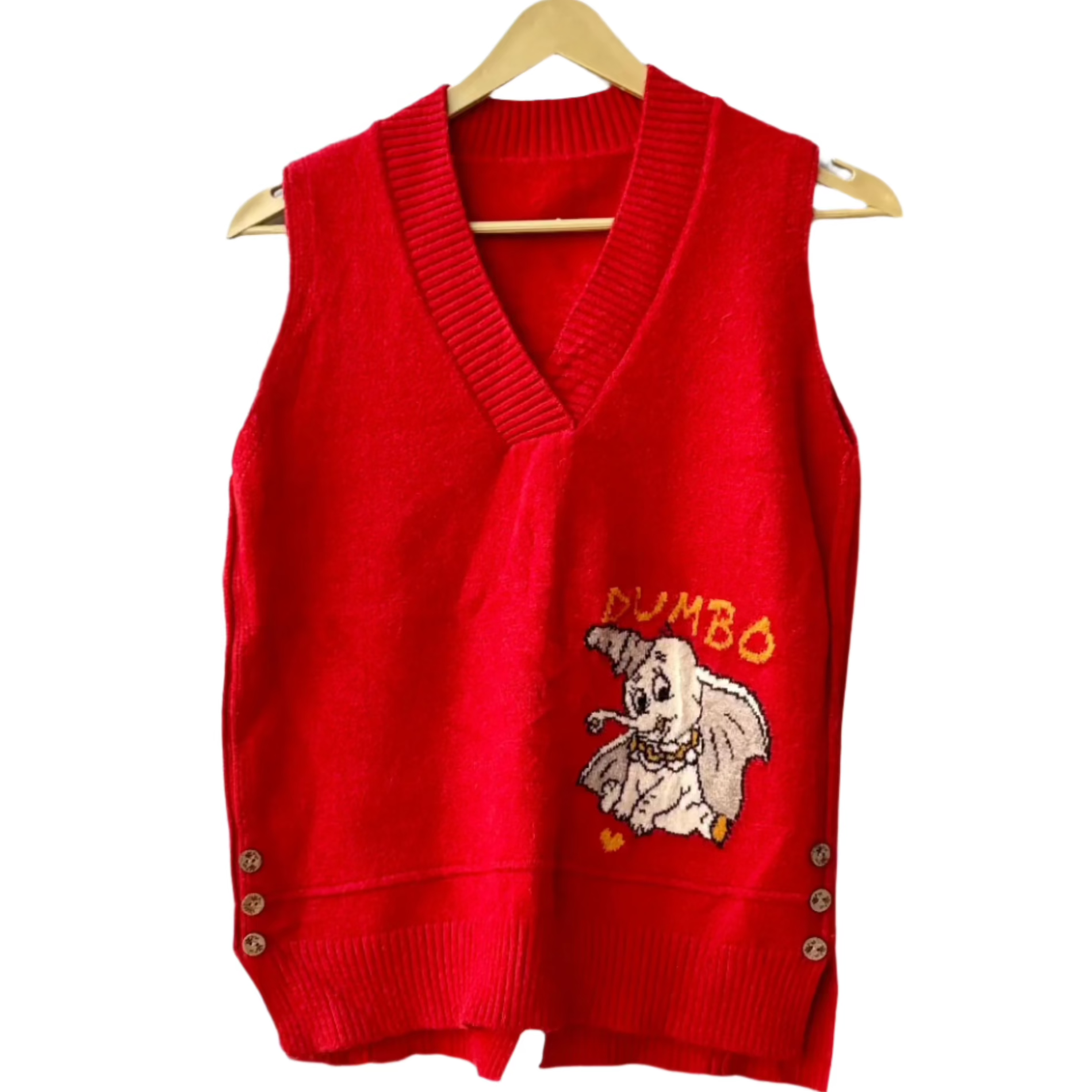 Red V neck women's cartoon knit vest with Dumbo embroidery and side button details by Stylera