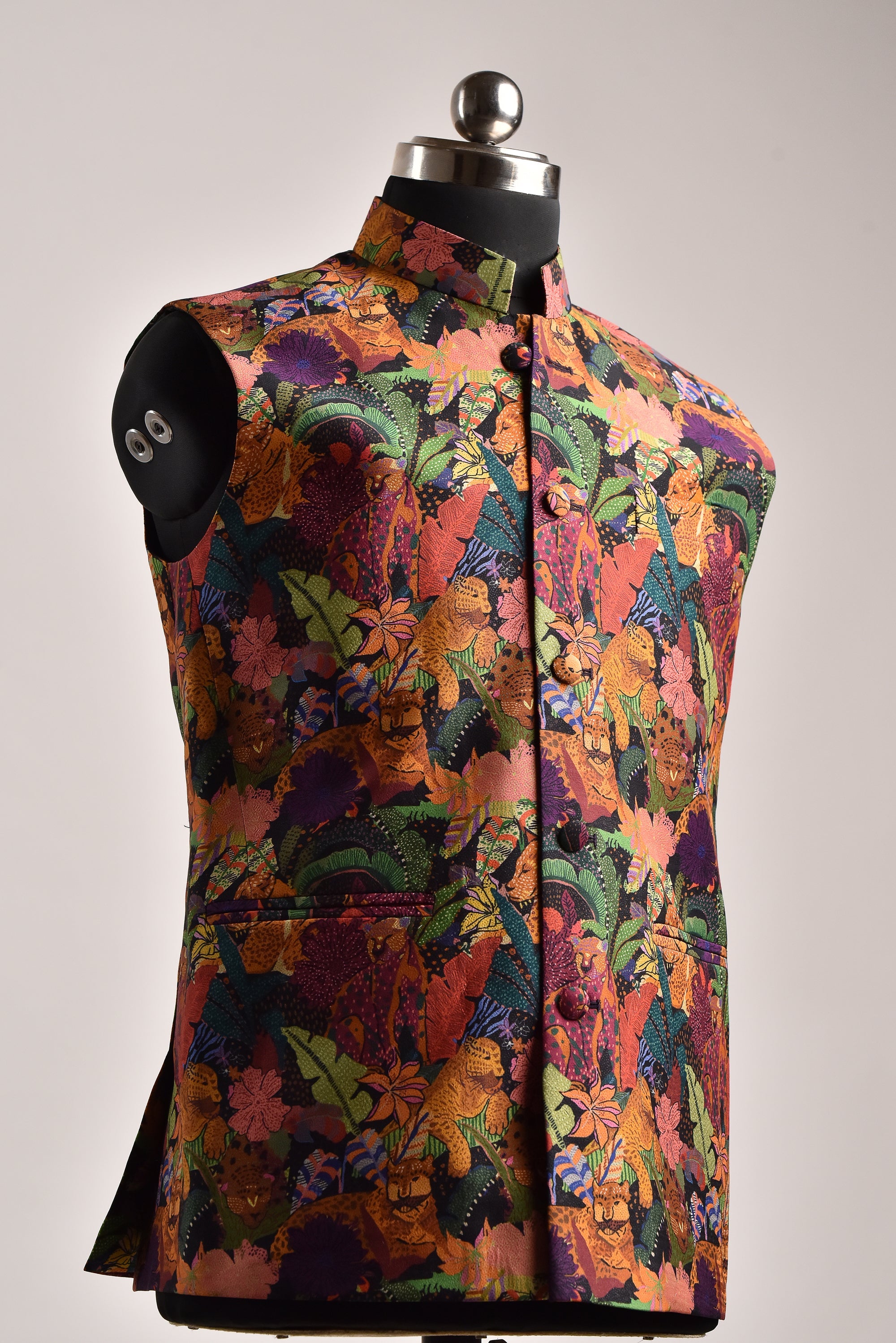 Elegant Russian silk floral Nehru vest with vibrant colors and intricate patterns for a stylish look