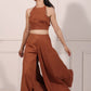 Fashion model wearing rust brown crop top and palazzo set, showcasing a stylish summer outfit