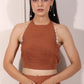Stylish rust brown crop top and palazzo set with unique shell detailing for a chic look