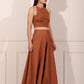 Elegant rust brown crop top and palazzo set featuring stylish details for a chic look