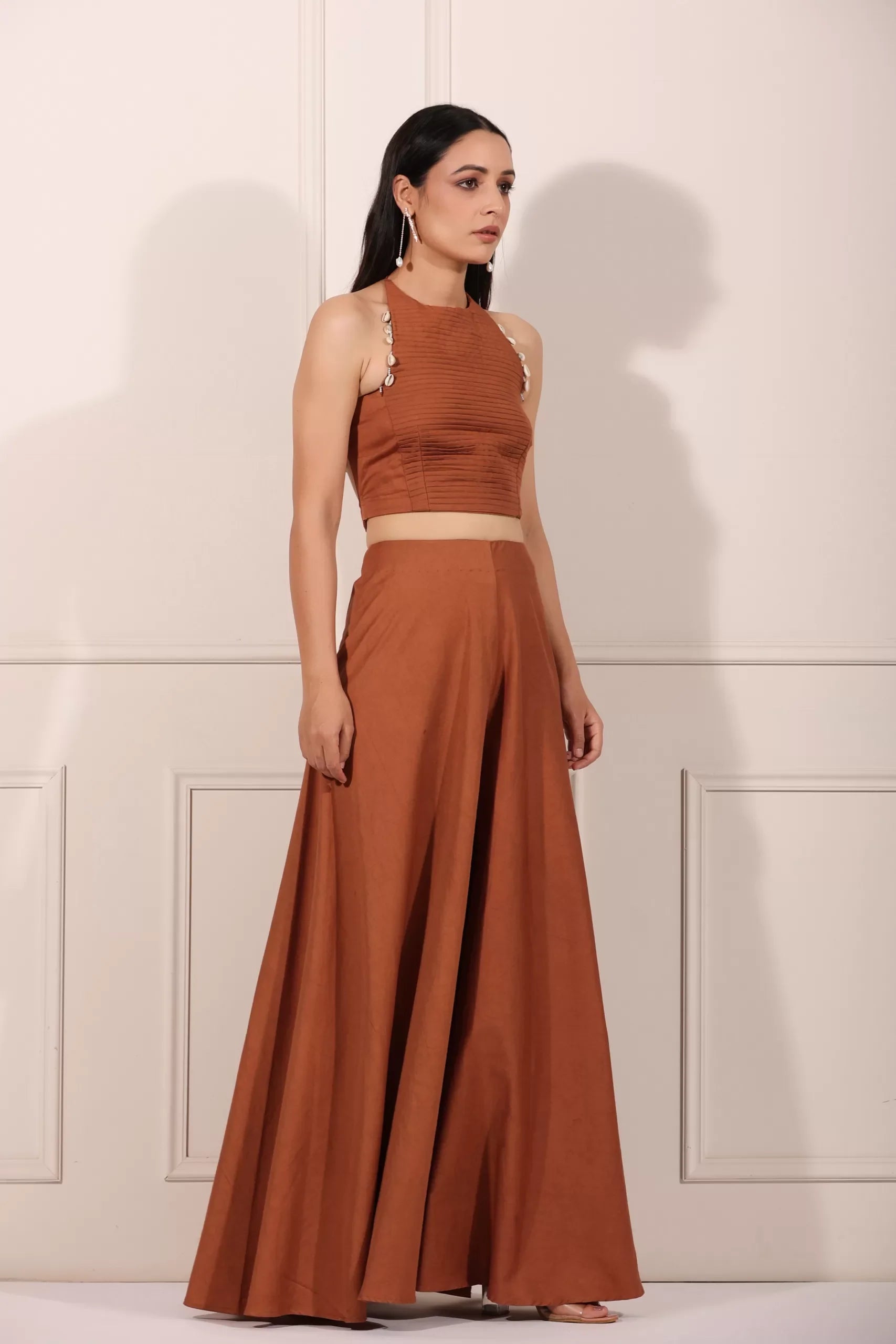 Elegant rust brown crop top and palazzo set featuring stylish details for a chic look