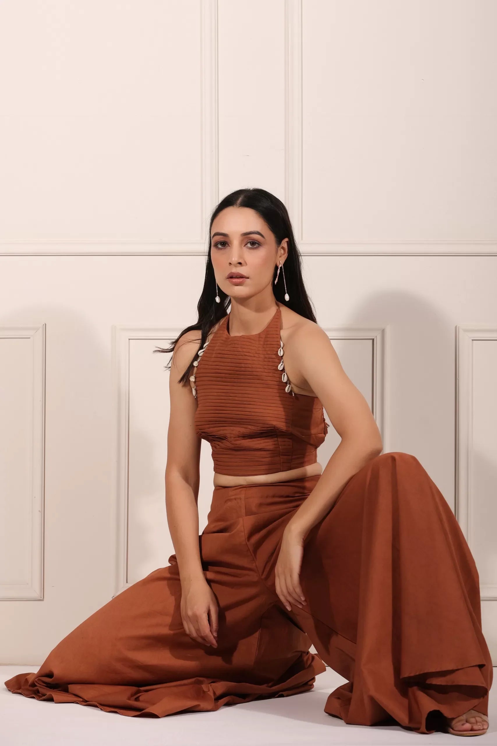 Stylish rust brown crop top and palazzo set featuring chic design and elegant silhouette