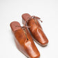 stylera brown slip-on block heel shoes with square toe and decorative lace detail