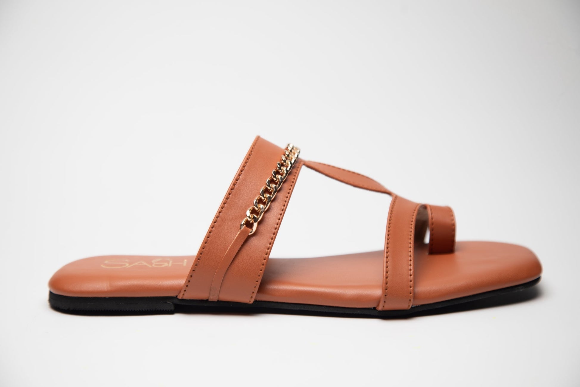 Stylera trendy tan flats for women with gold chain detail and open toe design