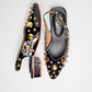 Stylera black heels with shiny gold studs and straps trendy gold accent footwear