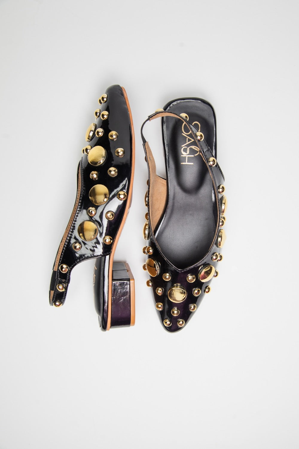 Stylera black heels with shiny gold studs and straps trendy gold accent footwear