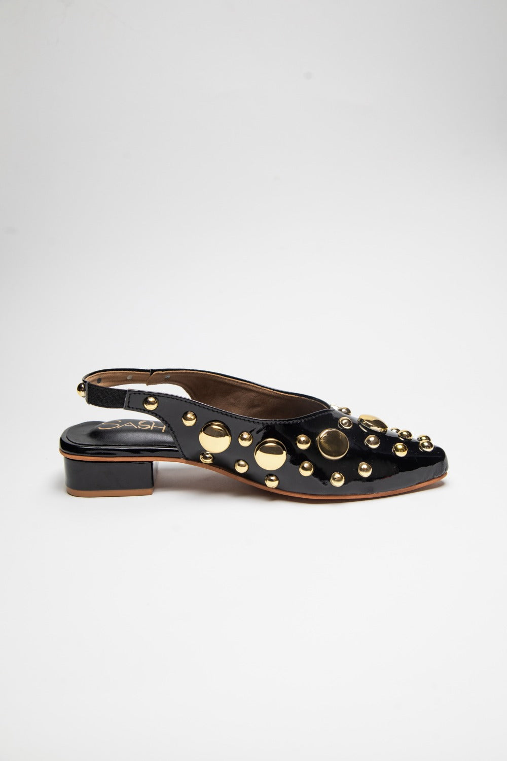 stylera black heels with gold studs and trendy gold accent footwear design