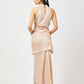 Stylera satin halter mini dress in champagne color shown from the back with long flowing skirt and tie neck detail