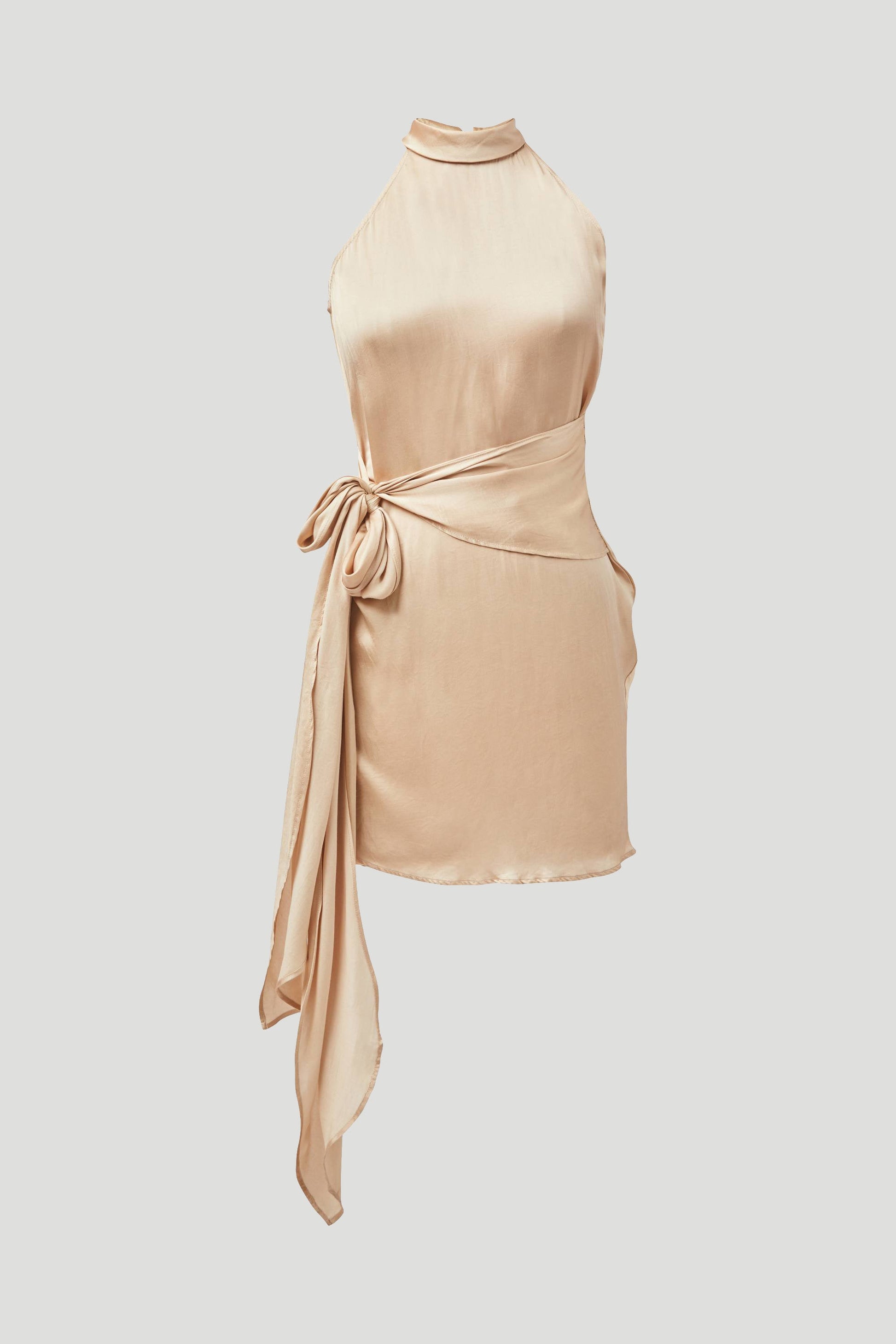 Stylera satin halter mini dress in beige with sleeveless design and side tie detail