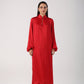 Elegant red satin kurta with pants for women featuring a stylish zip-up neckline