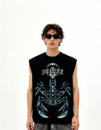Person wearing a black sleeveless shirt with a graphic design on a white background