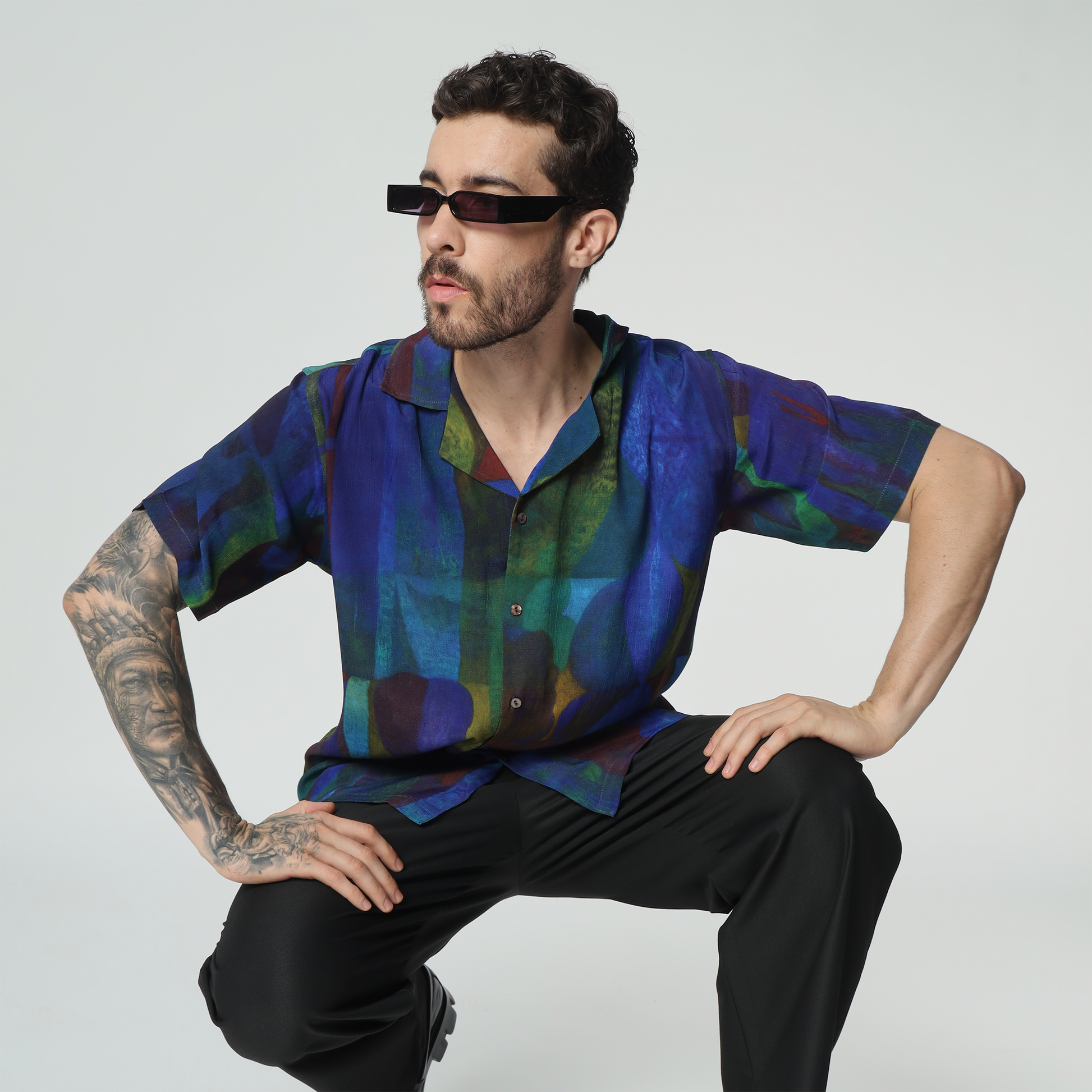 Stylera short sleeve artistic button up shirt with a colorful abstract design and casual fit