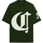 Stylera dark green Tshirt with oversized white pixelated gothic logo on front and sleeve short sleeve streetwear tee