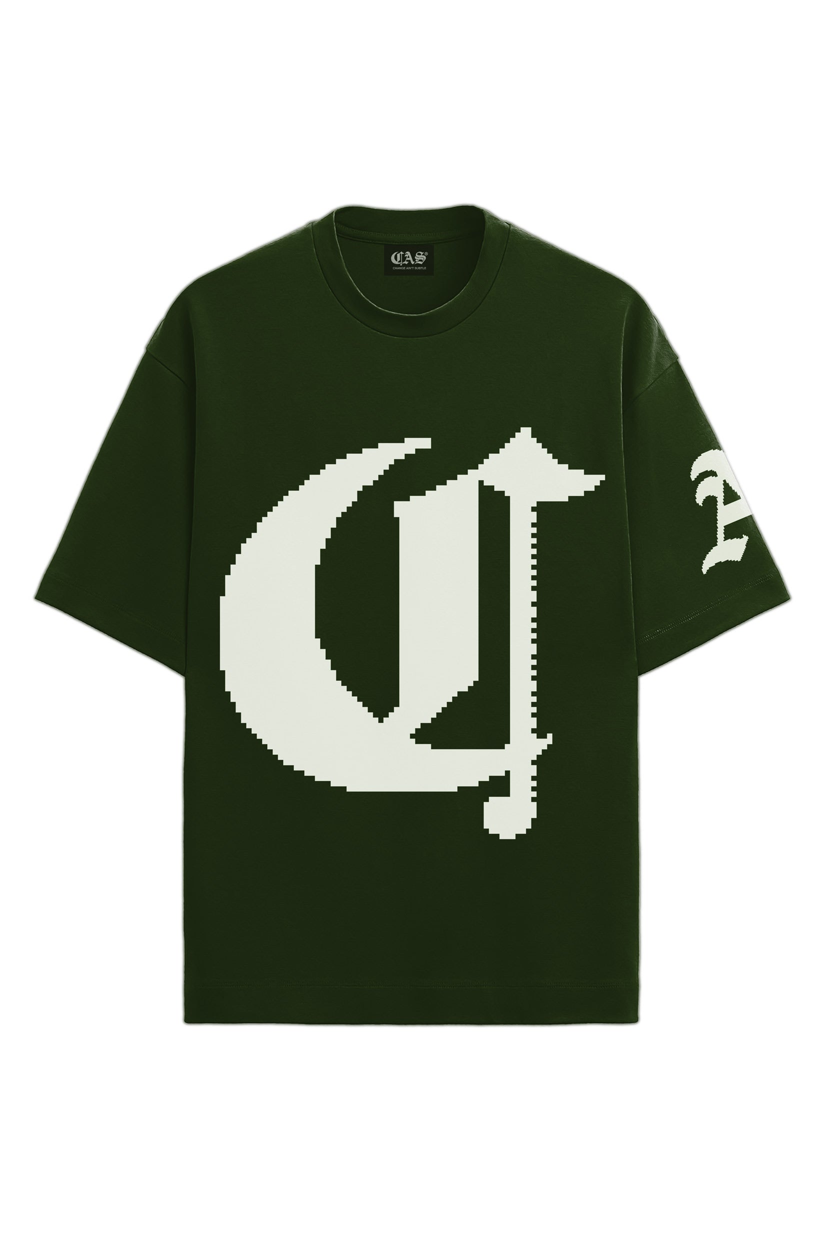Stylera dark green Tshirt with oversized white pixelated gothic logo on front and sleeve short sleeve streetwear tee
