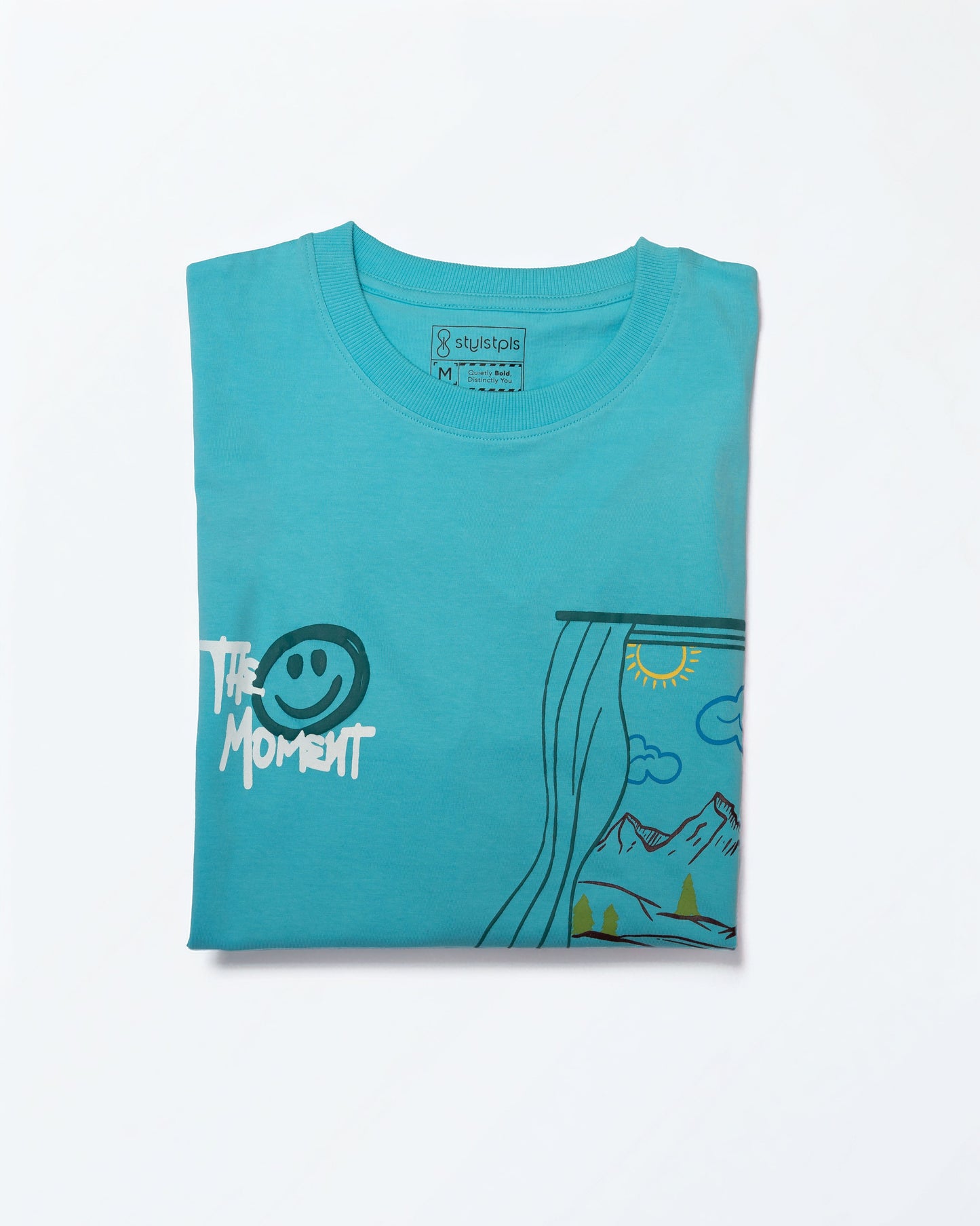 Stylstpls sky blue oversized t-shirt featuring a fun graphic design and relaxed fit