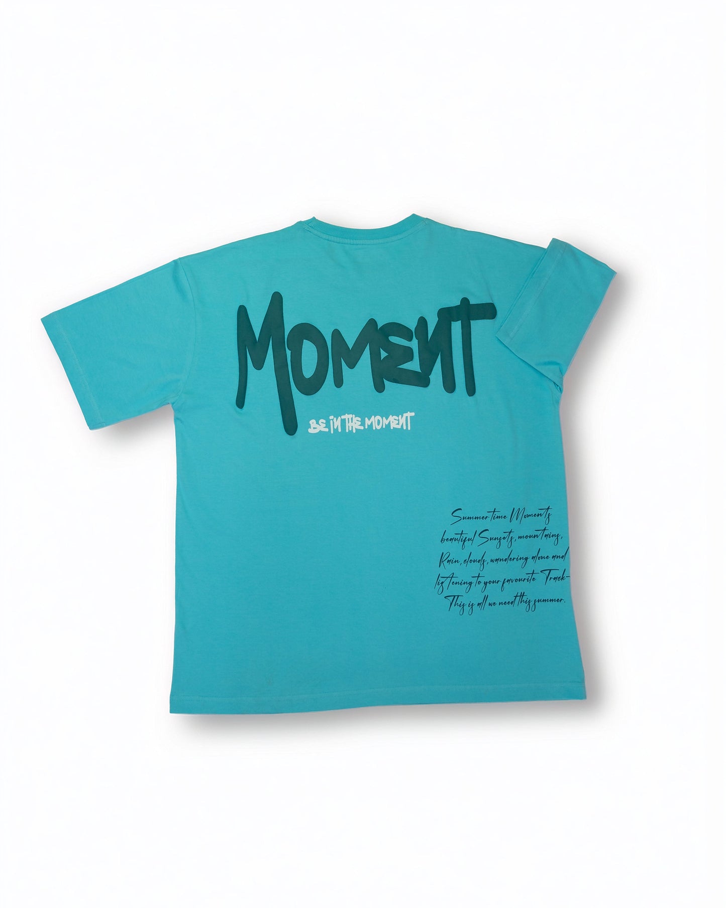 Stylstpls sky blue oversized t-shirt with bold MOMENT print on the back