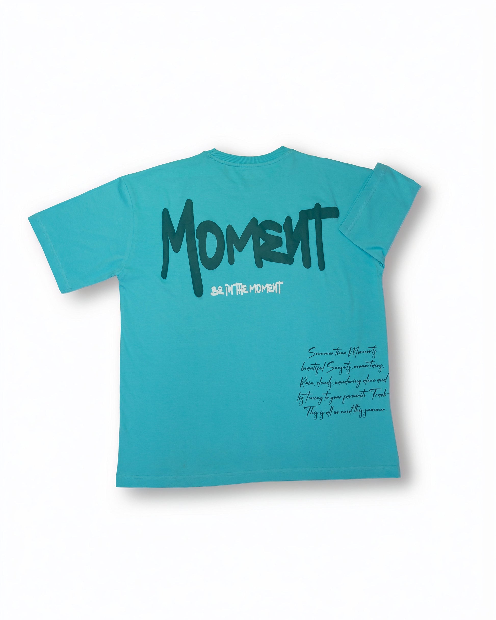 Stylstpls sky blue oversized t-shirt with bold MOMENT print on the back