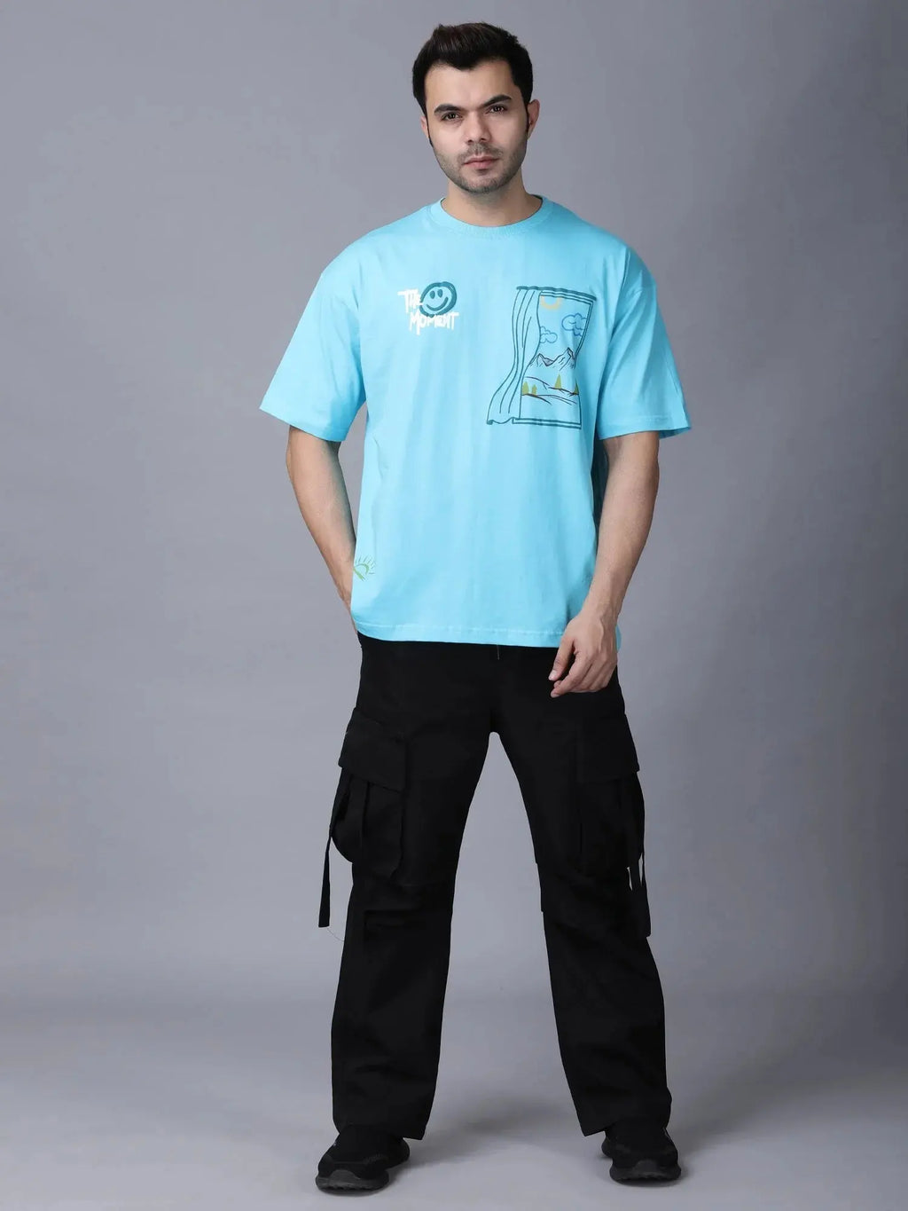 Stylstpls sky blue oversized t-shirt with graphic print and relaxed fit for casual style