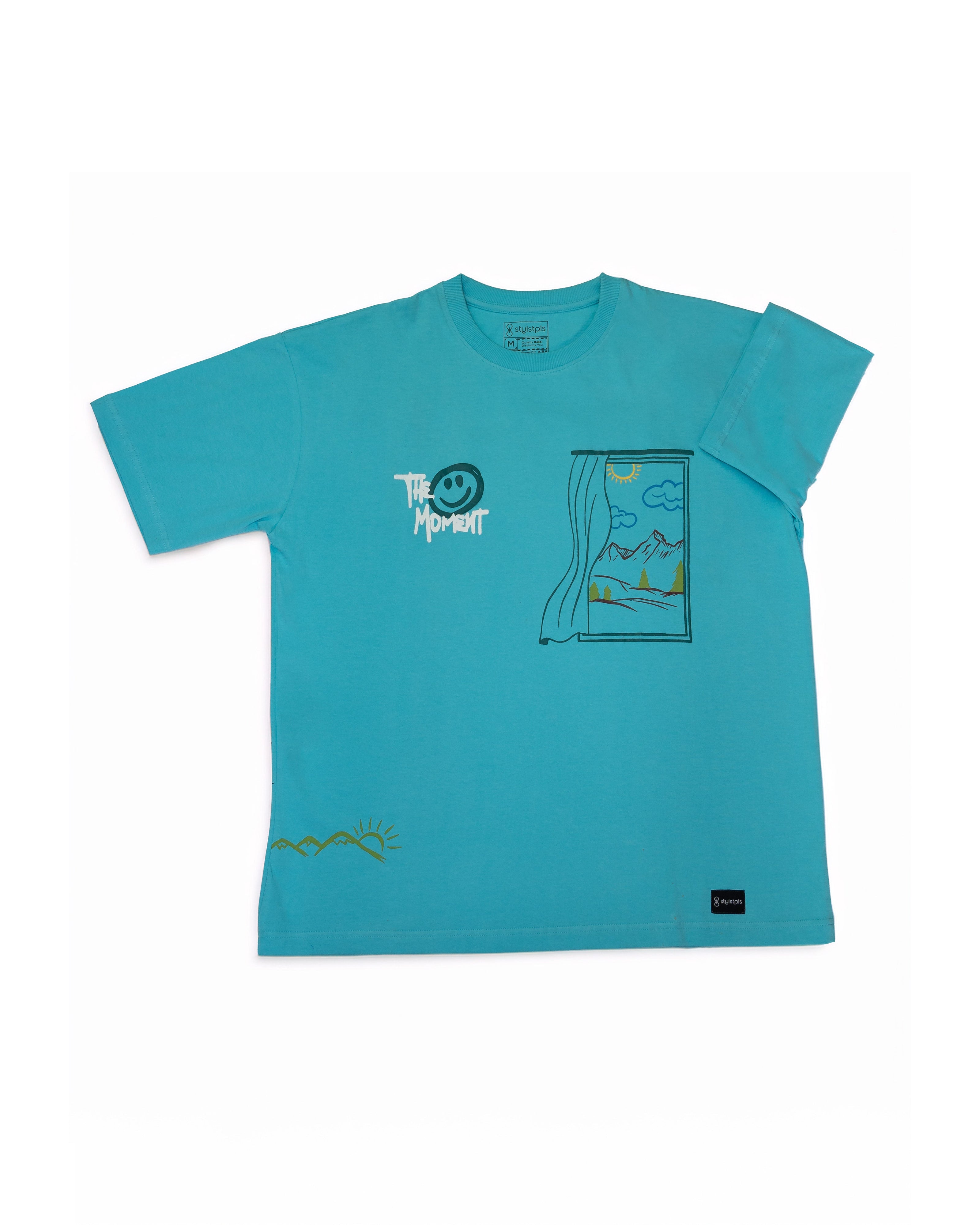 Stylstpls sky blue oversized t-shirt with playful mountain and window graphic design