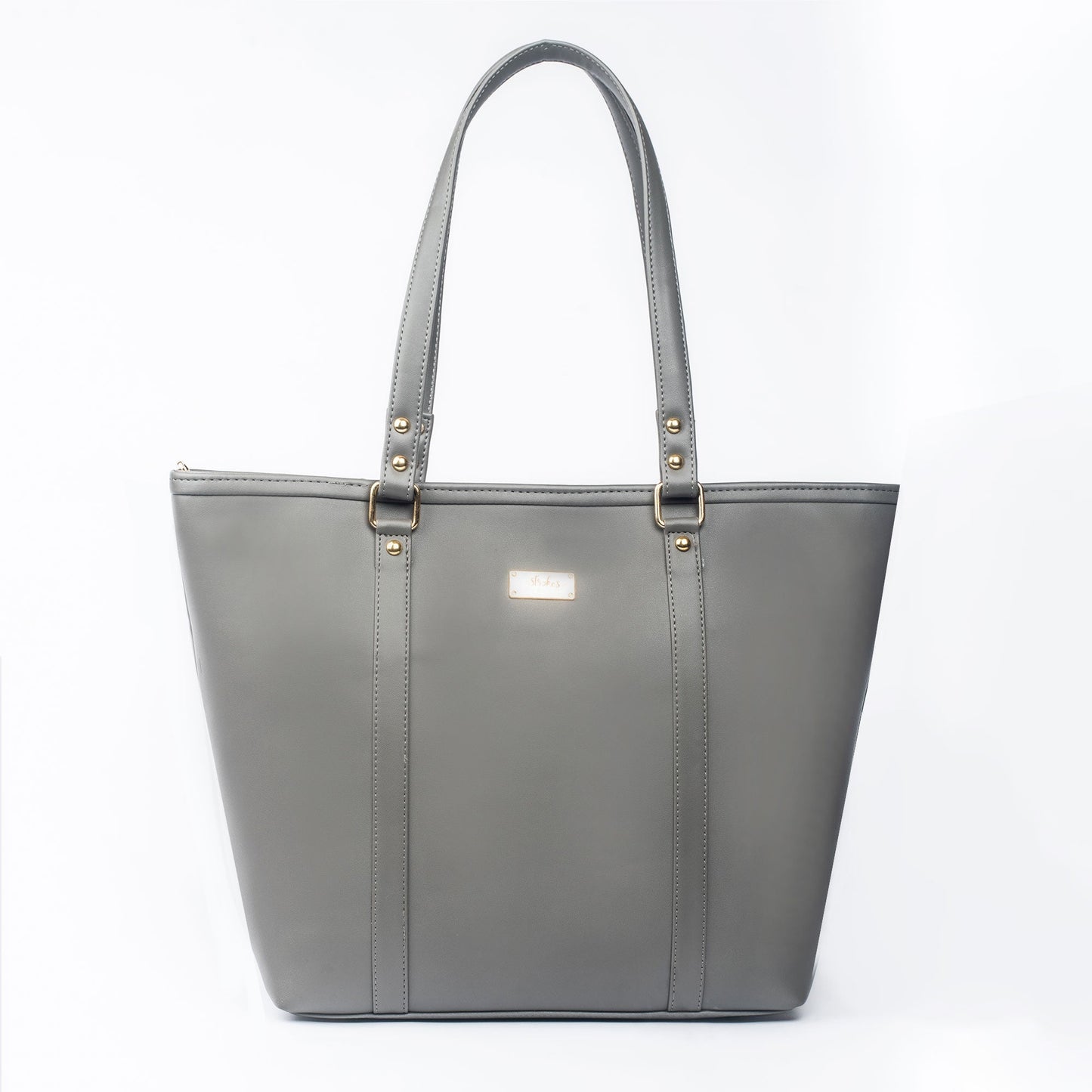 Stylish slate grey tote bag with gold accents and spacious interior for everyday use