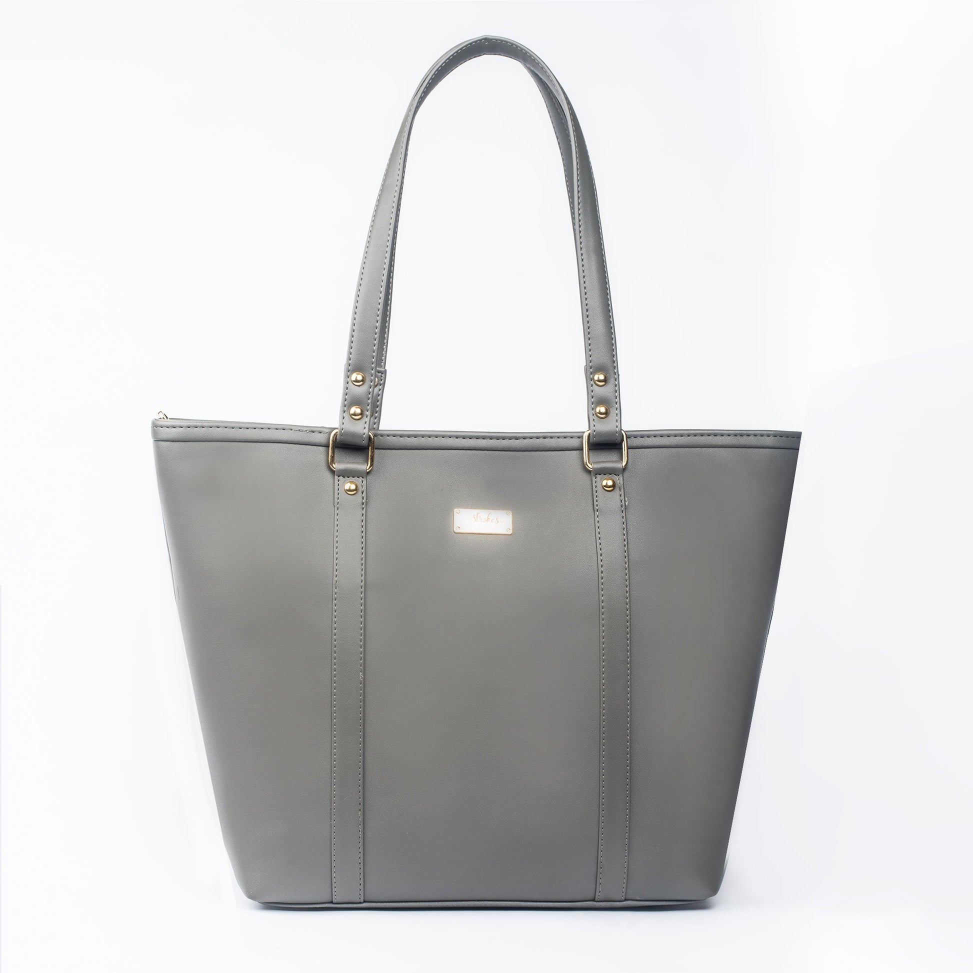 Stylish slate grey tote bag with gold accents and spacious interior for everyday use