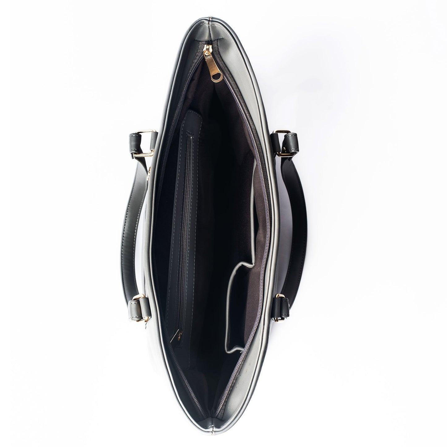 Interior view of the slate grey tote bag with spacious compartments and zippered pocket