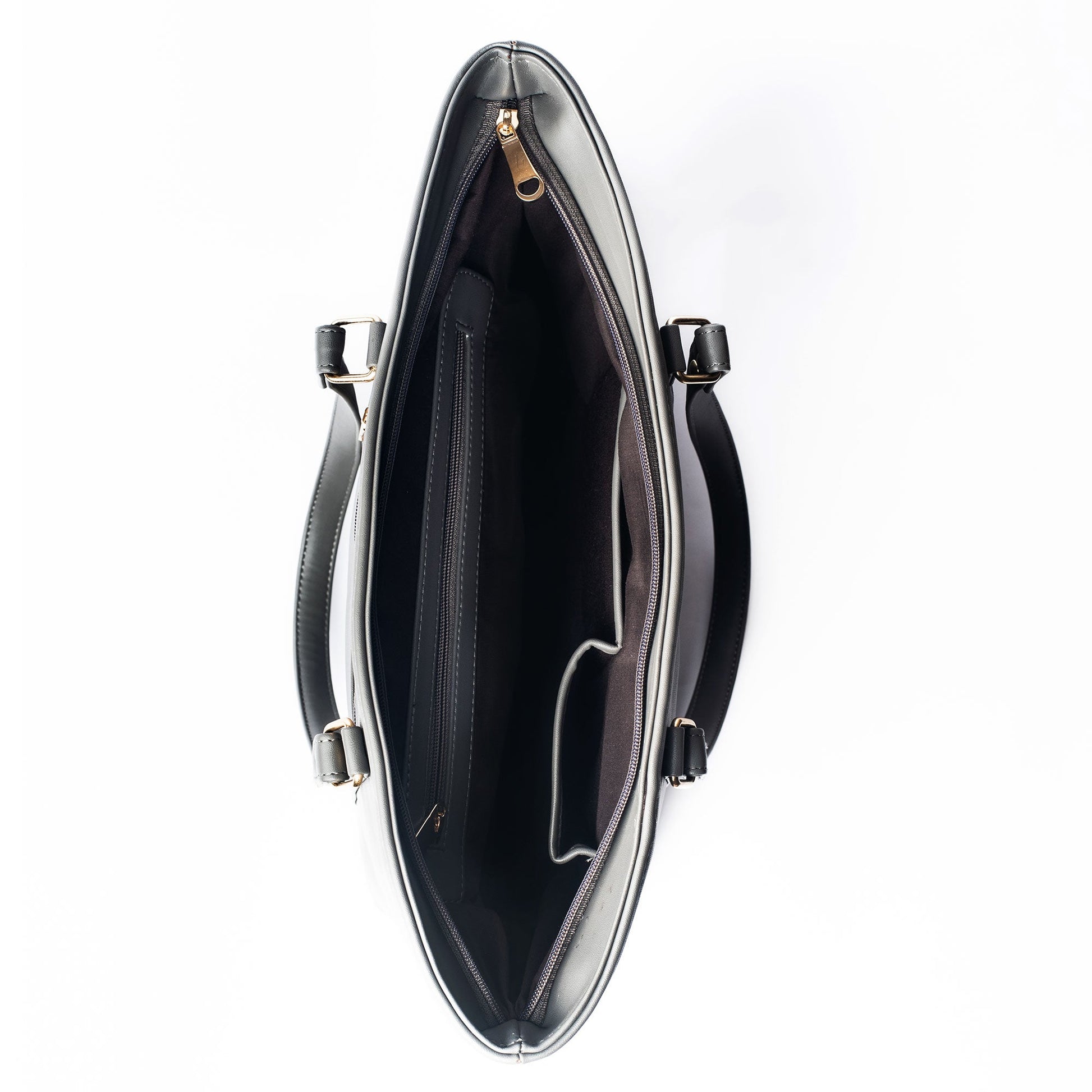 Interior view of the slate grey tote bag with spacious compartments and zippered pocket