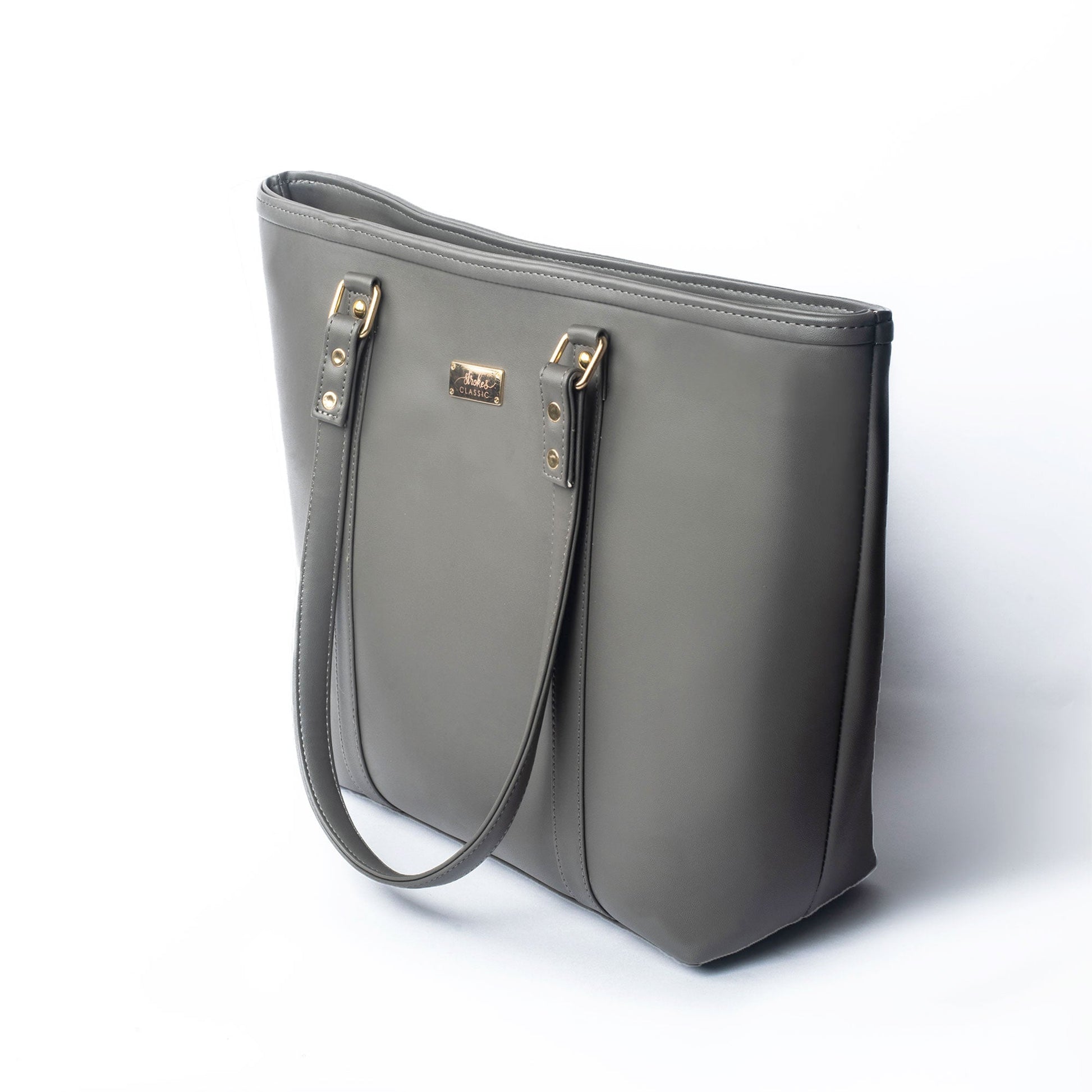 Stylish slate grey tote bag with gold accents and sturdy straps for everyday use