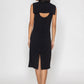 Back view of a model wearing Stylera sleek black evening dress with sleeveless design and back slit