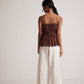 Stylera sleeveless peplum blouse for women in brown with ruched back and thin straps