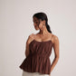Stylera sleeveless peplum blouse for women in brown with ruched bodice and thin straps