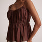 Stylera sleeveless peplum blouse for women in brown with thin straps and gathered waist detail