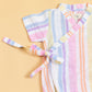 Soft cotton kimono romper for babies in pastel stripes with a tied waist for easy dressing