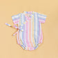 Soft cotton kimono romper for babies in colorful stripes with a tie detail