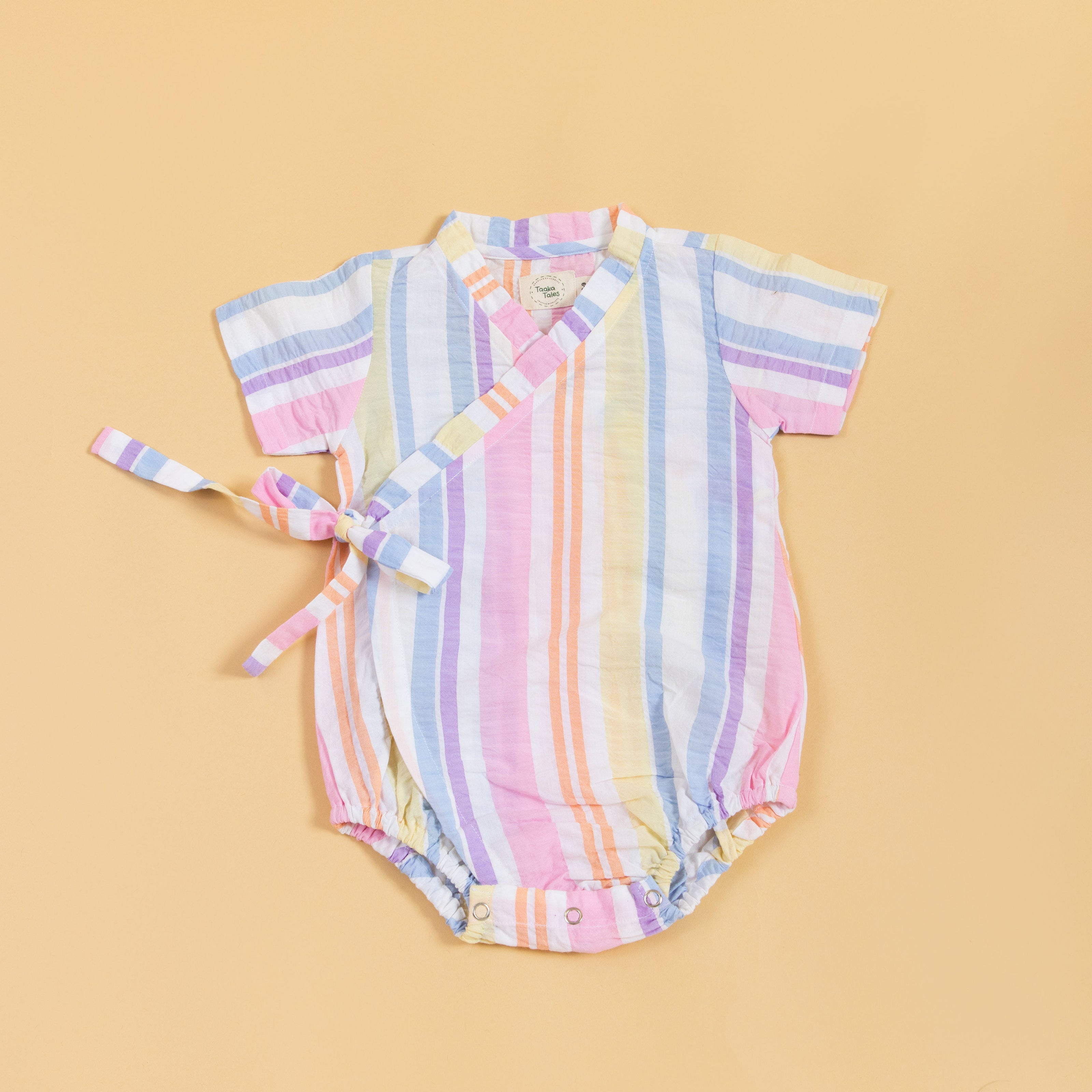 Soft cotton kimono romper for babies in colorful stripes with a tie detail