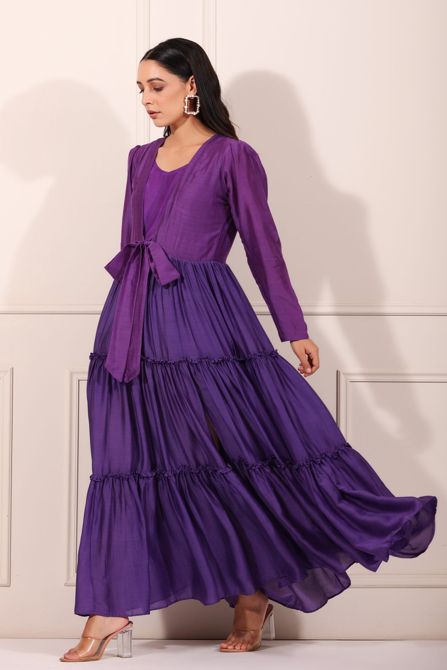 Solid purple flowy dress for women with long sleeves and tiered design for a stylish look