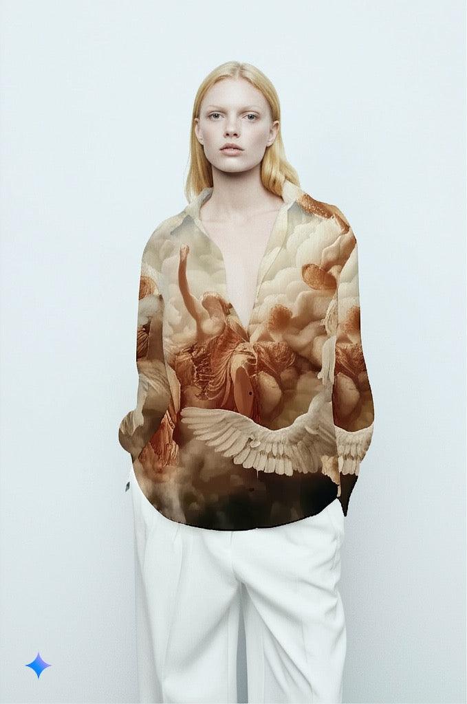 Stylera printed silk blouse with angelic Renaissance print worn by model with white trousers statement fashion tops for women