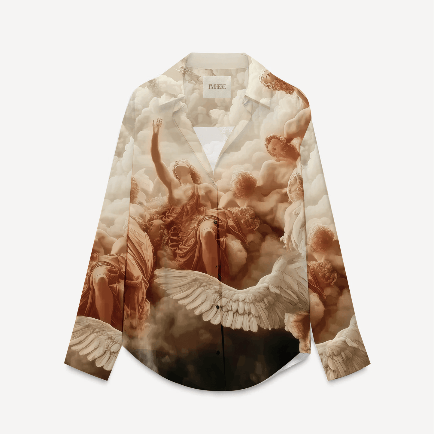 Stylera angel print long sleeve blouse with classical cherub design and wing motif statement fashion tops for women