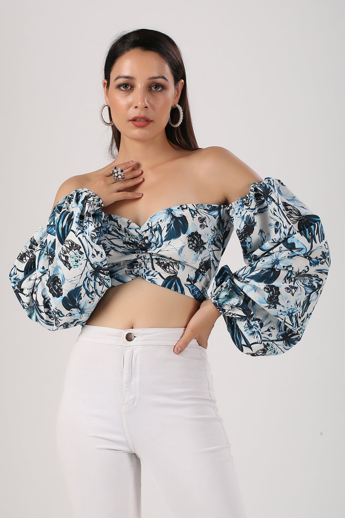 Stylera statement sleeve crop top in floral design with puffy sleeves and off-shoulder style