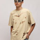 Stylera beige oversized stencil art t-shirt with abstract cutout print worn by male model
