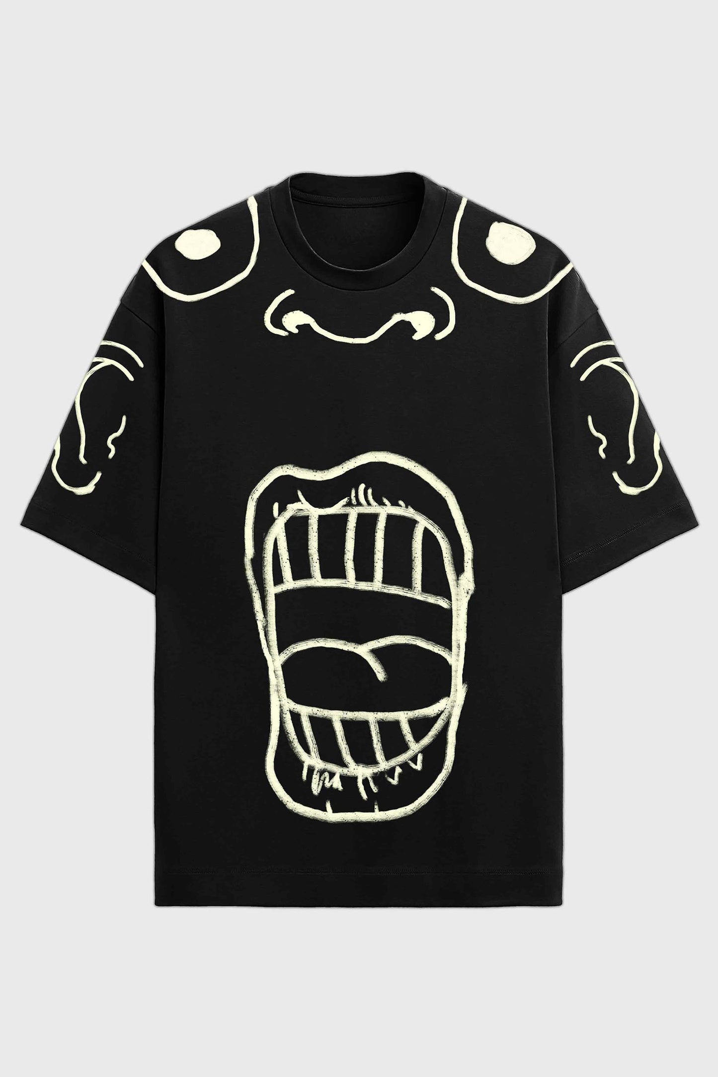 Stylera black oversized t shirt with bold white face art mouth graphic trendy oversized art tee for men