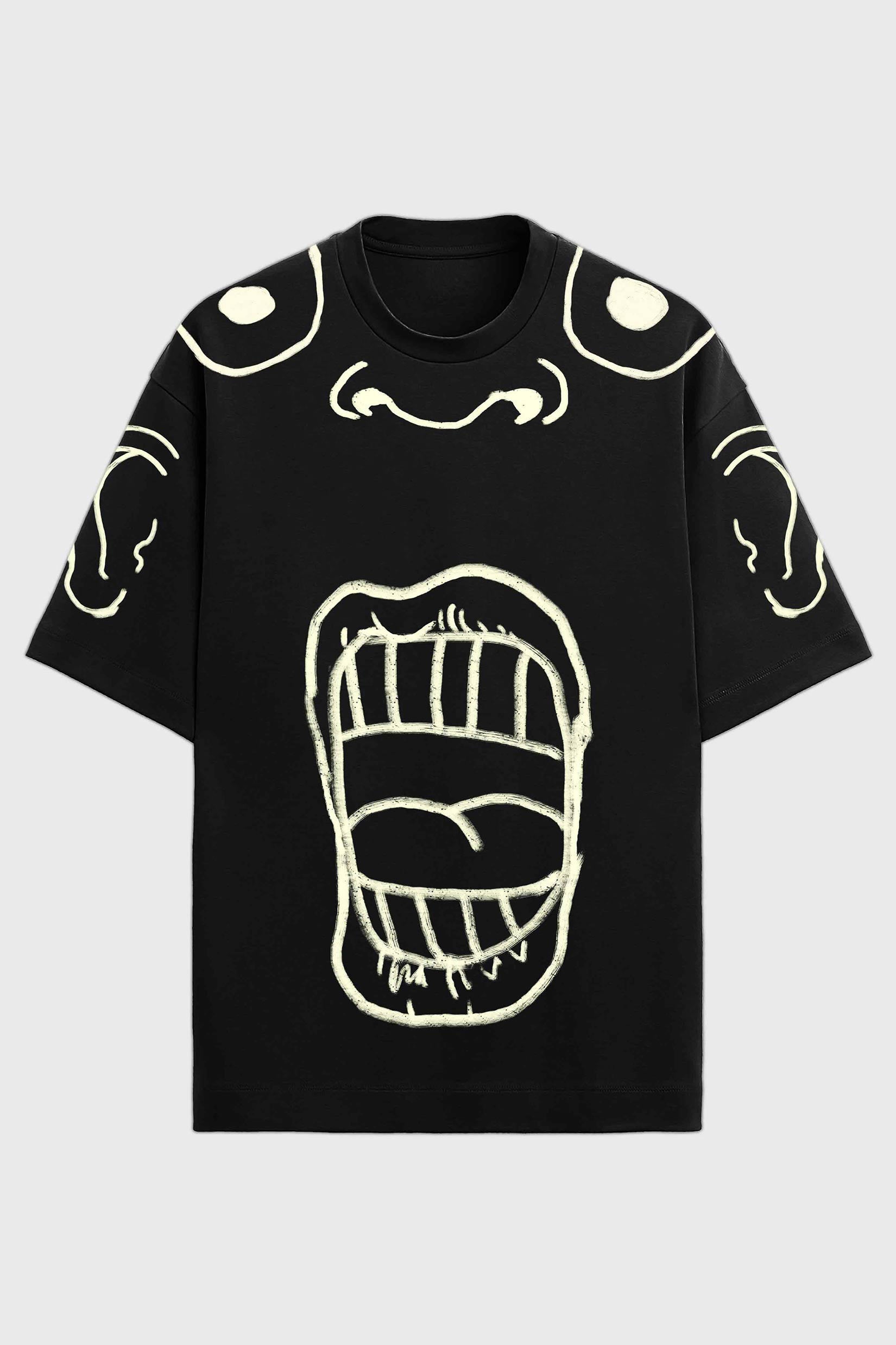 Stylera black oversized t shirt with bold white face art mouth graphic trendy oversized art tee for men
