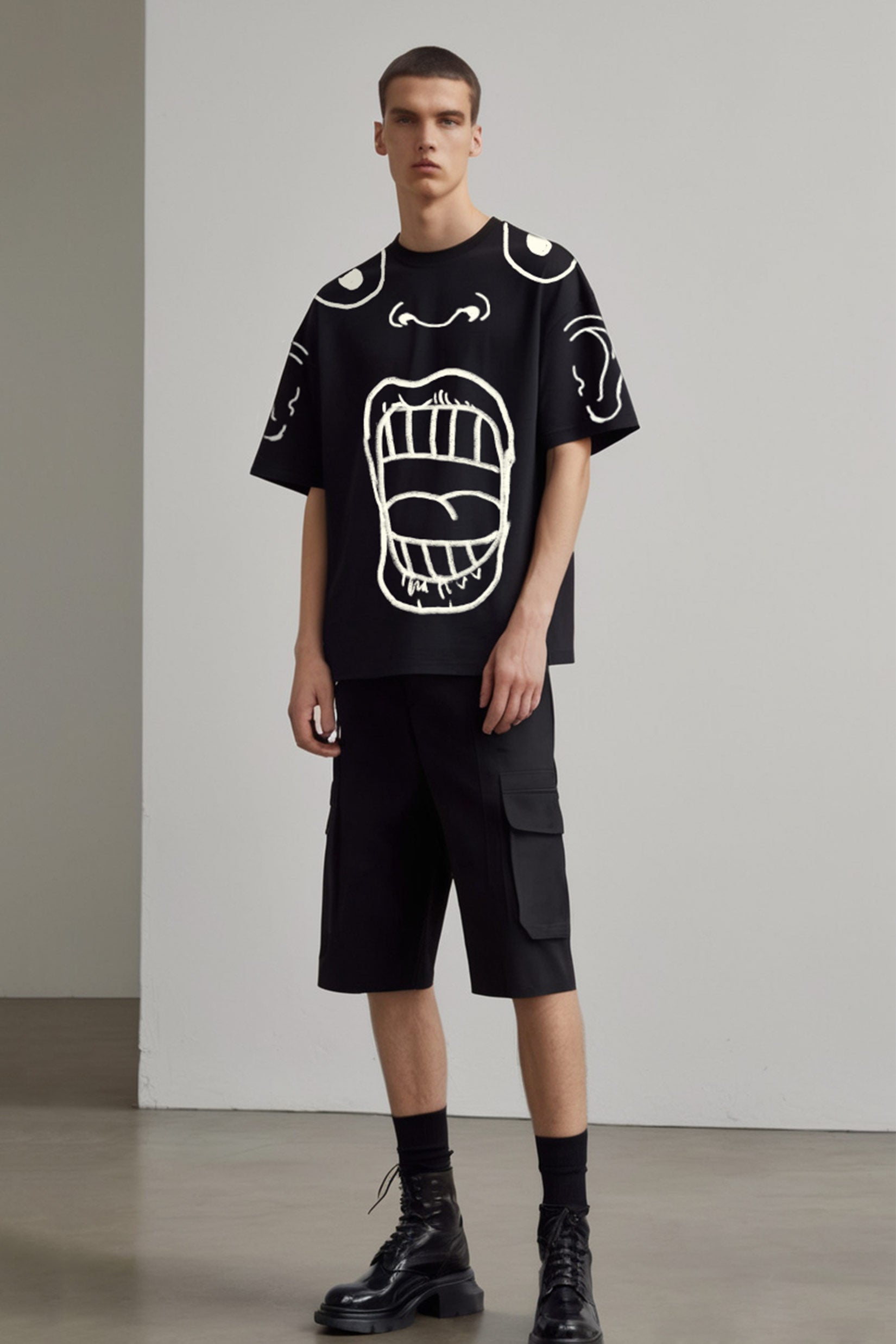 Stylera black oversized t shirt with white abstract face print paired with cargo shorts trendy oversized art tee for men