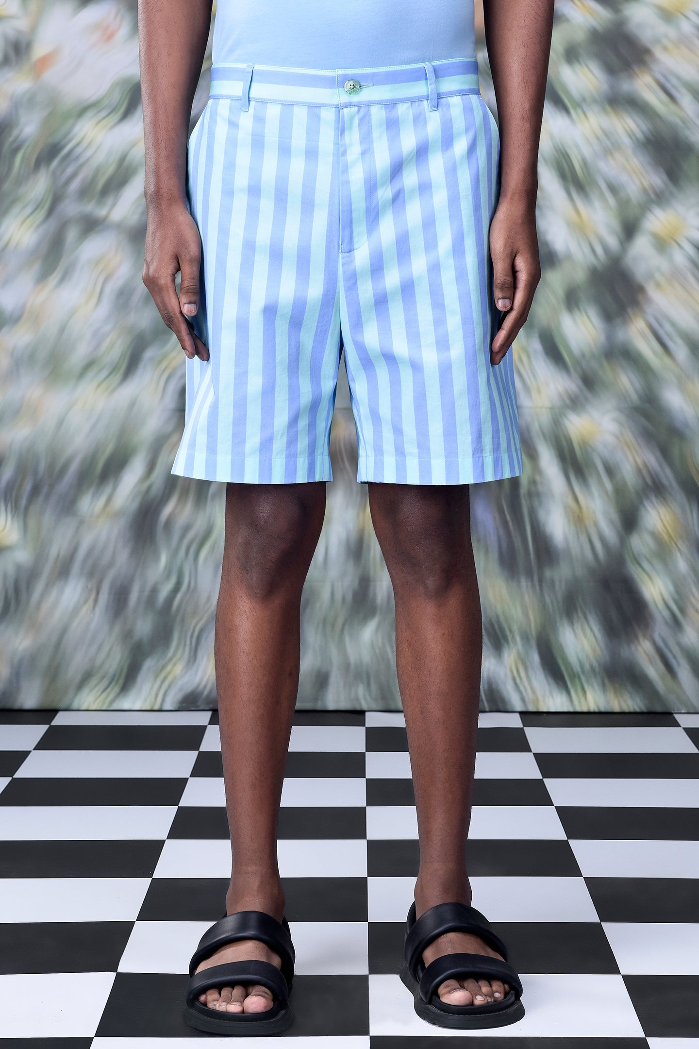 Stylera striped regular fit shorts in light blue and white vertical stripes knee length summer