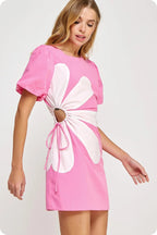 Pink Side Cut Flower Mini Dress De Novoo