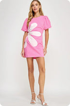 Pink Side Cut Flower Mini Dress De Novoo