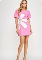 Pink Side Cut Flower Mini Dress De Novoo