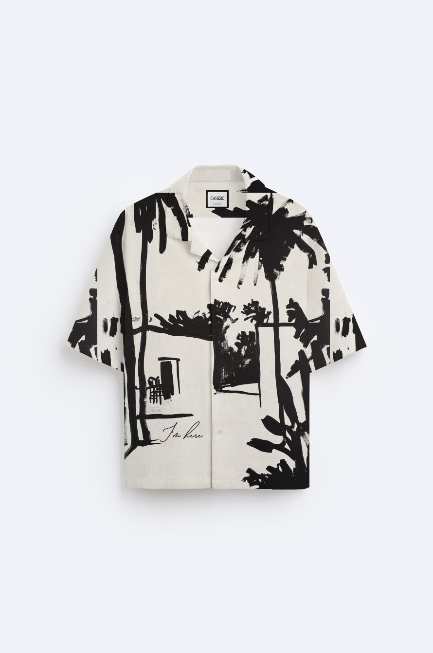 Stylera short sleeve button up black and white statement shirt with palm tree sketch print