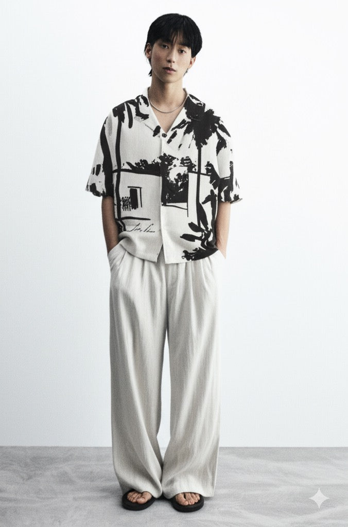 Stylera black and white statement shirt with palm tree graphic print relaxed short sleeve fit on male model